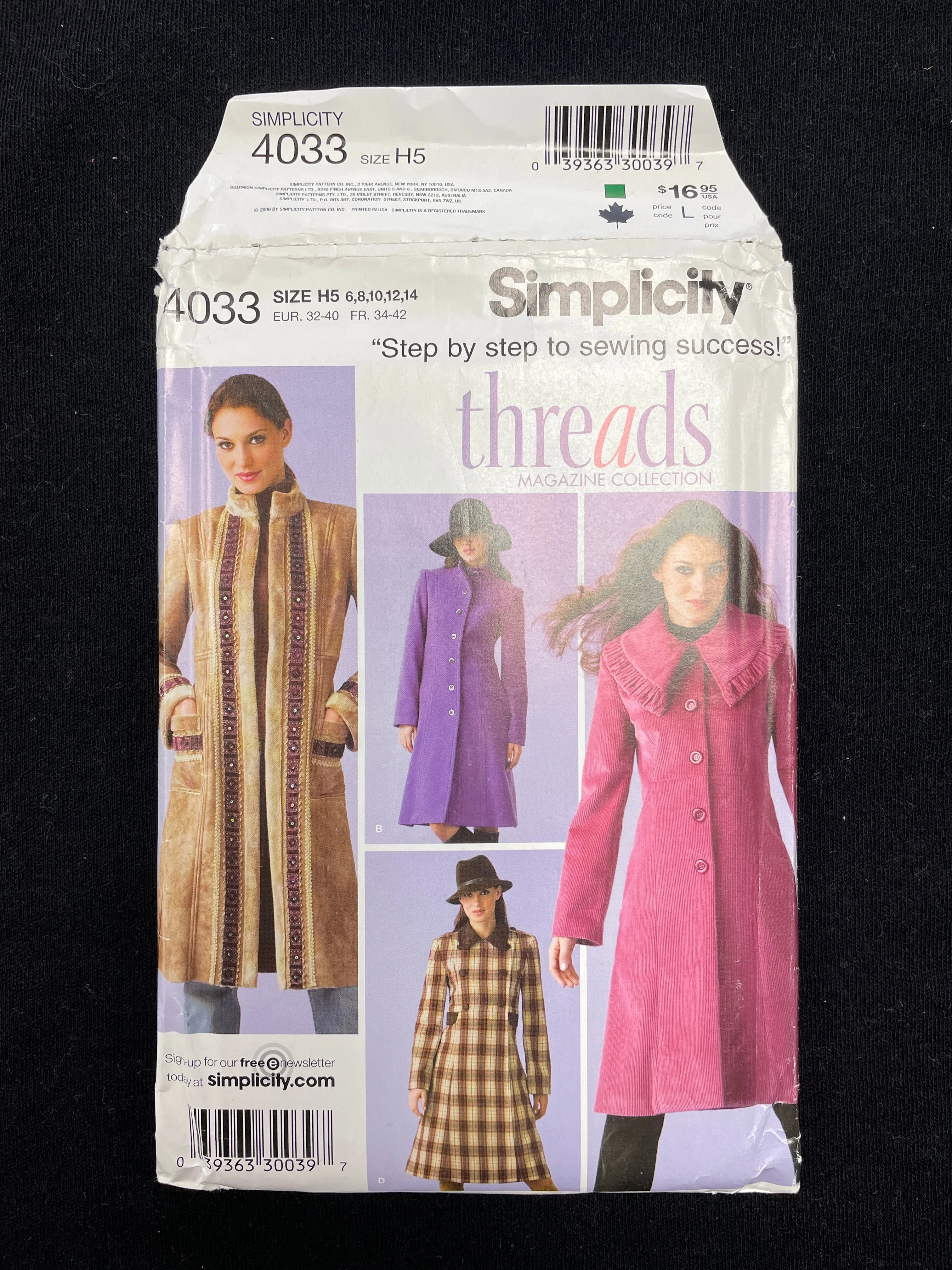 2006 Simplicity 4033 Sewing Pattern - Women's Coats FACTORY FOLDED