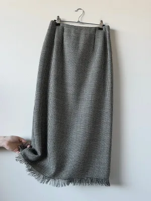 90s Vintage Houndstooth Tweed Wool Fringe Maxi Skirt (W27")