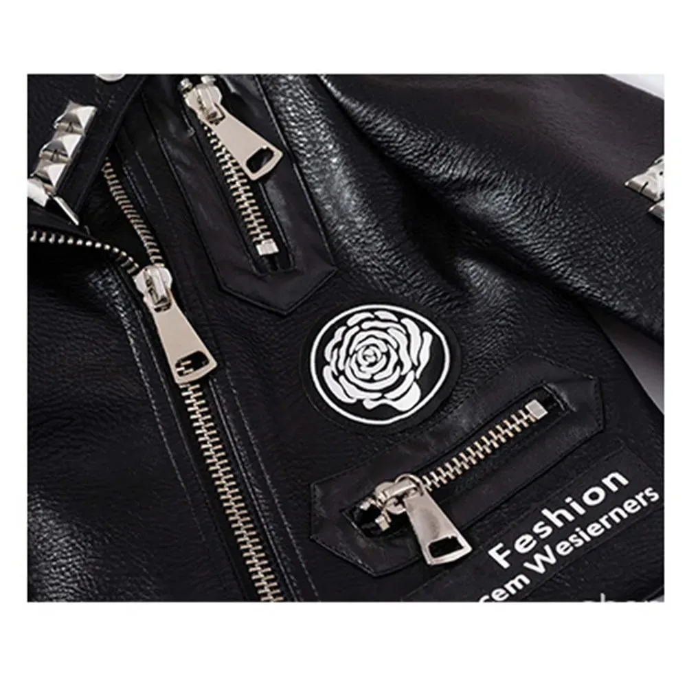 Autumn Winter New Rivet Women Graffiti Jacket PUNK Print Letter Slim Motorcycle Chain Coat PU Faux Leather Studs Short Outwear