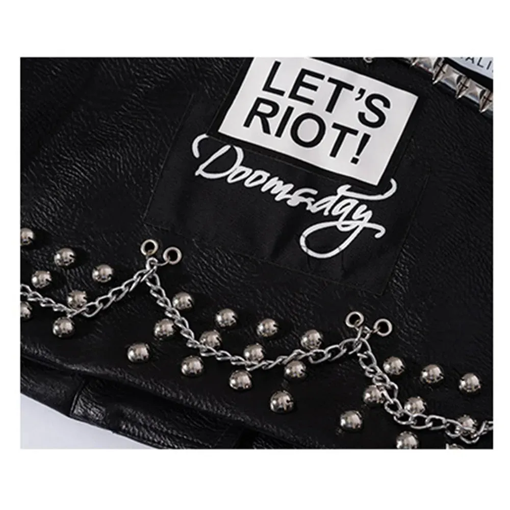 Autumn Winter New Rivet Women Graffiti Jacket PUNK Print Letter Slim Motorcycle Chain Coat PU Faux Leather Studs Short Outwear