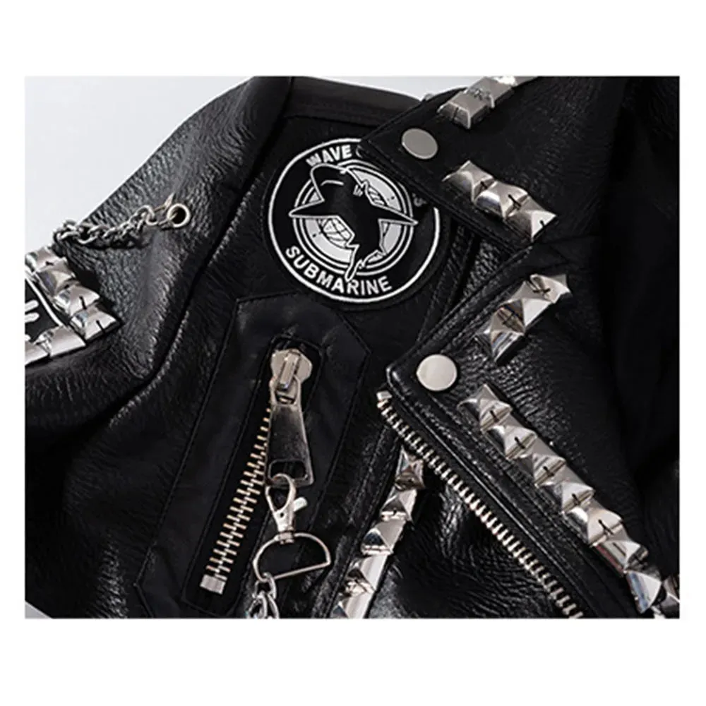 Autumn Winter New Rivet Women Graffiti Jacket PUNK Print Letter Slim Motorcycle Chain Coat PU Faux Leather Studs Short Outwear