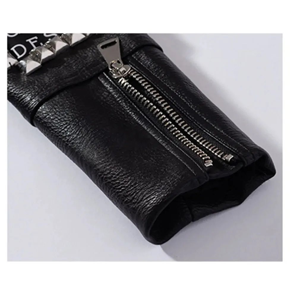 Autumn Winter New Rivet Women Graffiti Jacket PUNK Print Letter Slim Motorcycle Chain Coat PU Faux Leather Studs Short Outwear