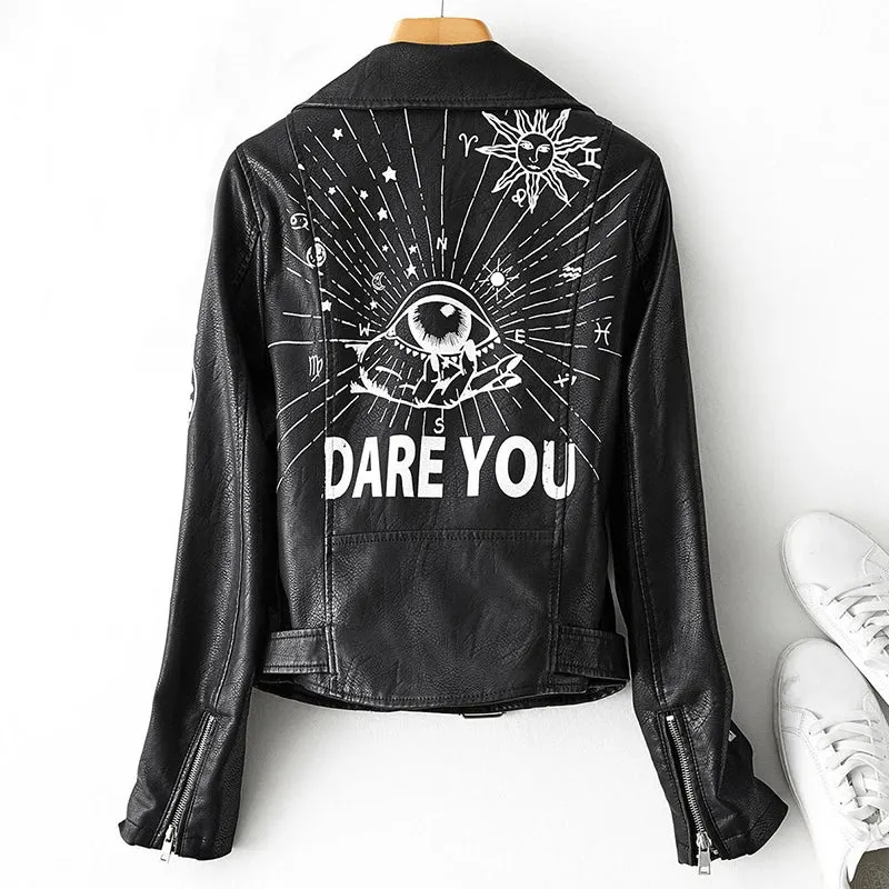 Autumn Winter Women Graffiti Print Faux Leather Jacket Lady Moto Bike PU Leather Coat Casual Rivet Jacket with Belt