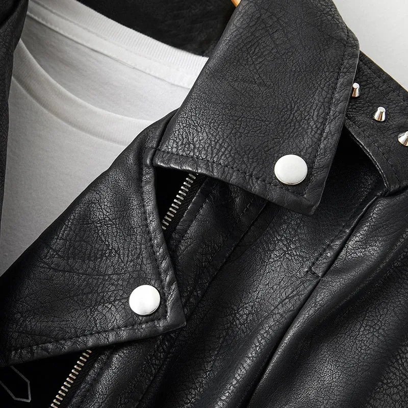 Autumn Winter Women Graffiti Print Faux Leather Jacket Lady Moto Bike PU Leather Coat Casual Rivet Jacket with Belt