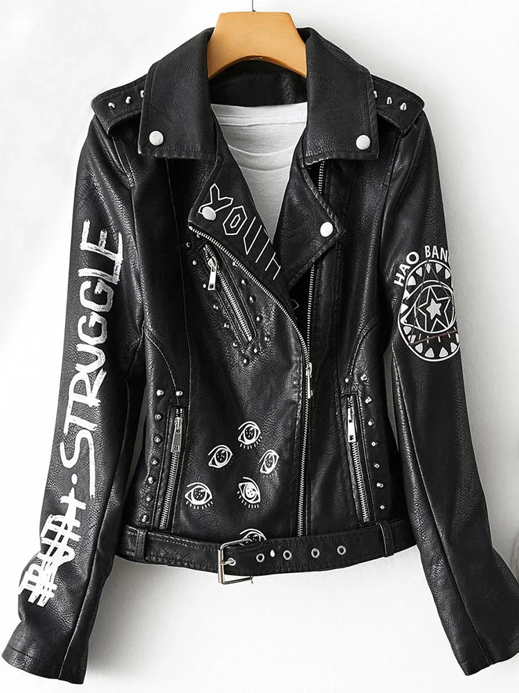 Autumn Winter Women Graffiti Print Faux Leather Jacket Lady Moto Bike PU Leather Coat Casual Rivet Jacket with Belt