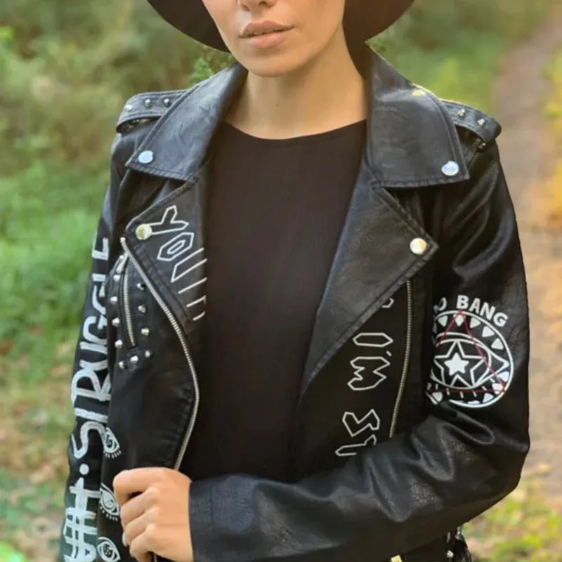 Autumn Winter Women Graffiti Print Faux Leather Jacket Lady Moto Bike PU Leather Coat Casual Rivet Jacket with Belt