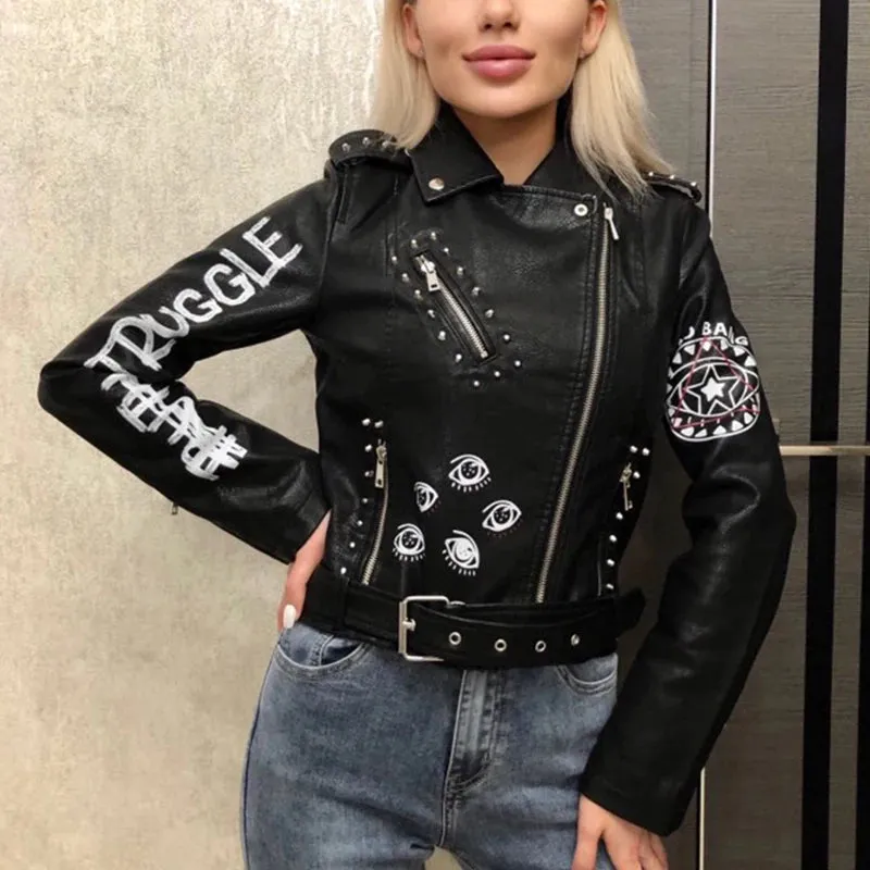 Autumn Winter Women Graffiti Print Faux Leather Jacket Lady Moto Bike PU Leather Coat Casual Rivet Jacket with Belt