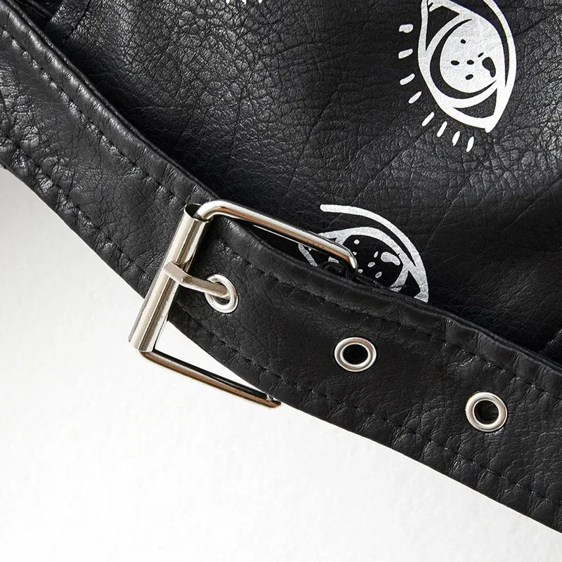 Autumn Winter Women Graffiti Print Faux Leather Jacket Lady Moto Bike PU Leather Coat Casual Rivet Jacket with Belt