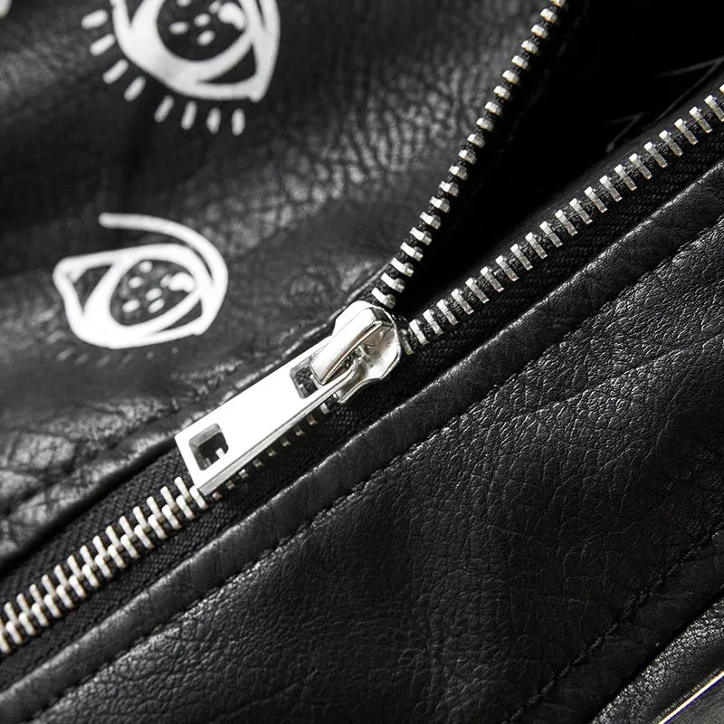 Autumn Winter Women Graffiti Print Faux Leather Jacket Lady Moto Bike PU Leather Coat Casual Rivet Jacket with Belt