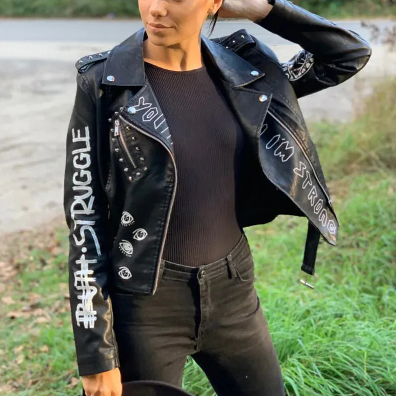 Autumn Winter Women Graffiti Print Faux Leather Jacket Lady Moto Bike PU Leather Coat Casual Rivet Jacket with Belt