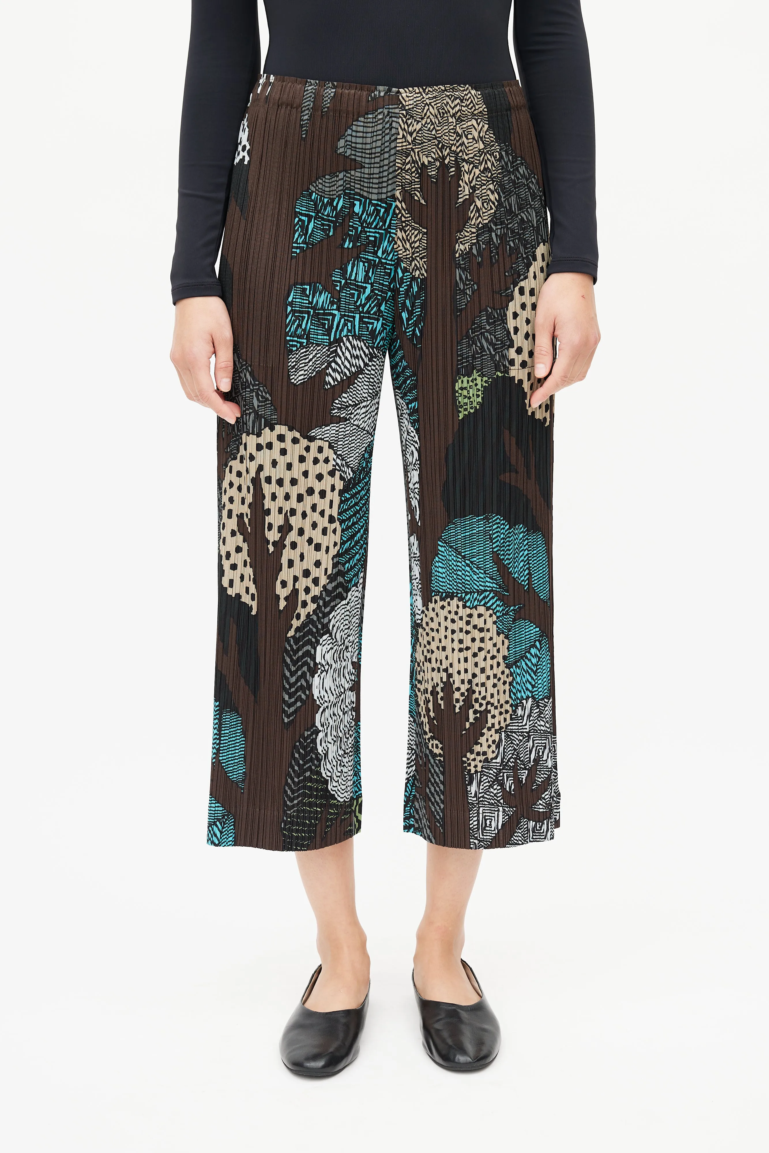 Brown & Multi Print Plisse Pant