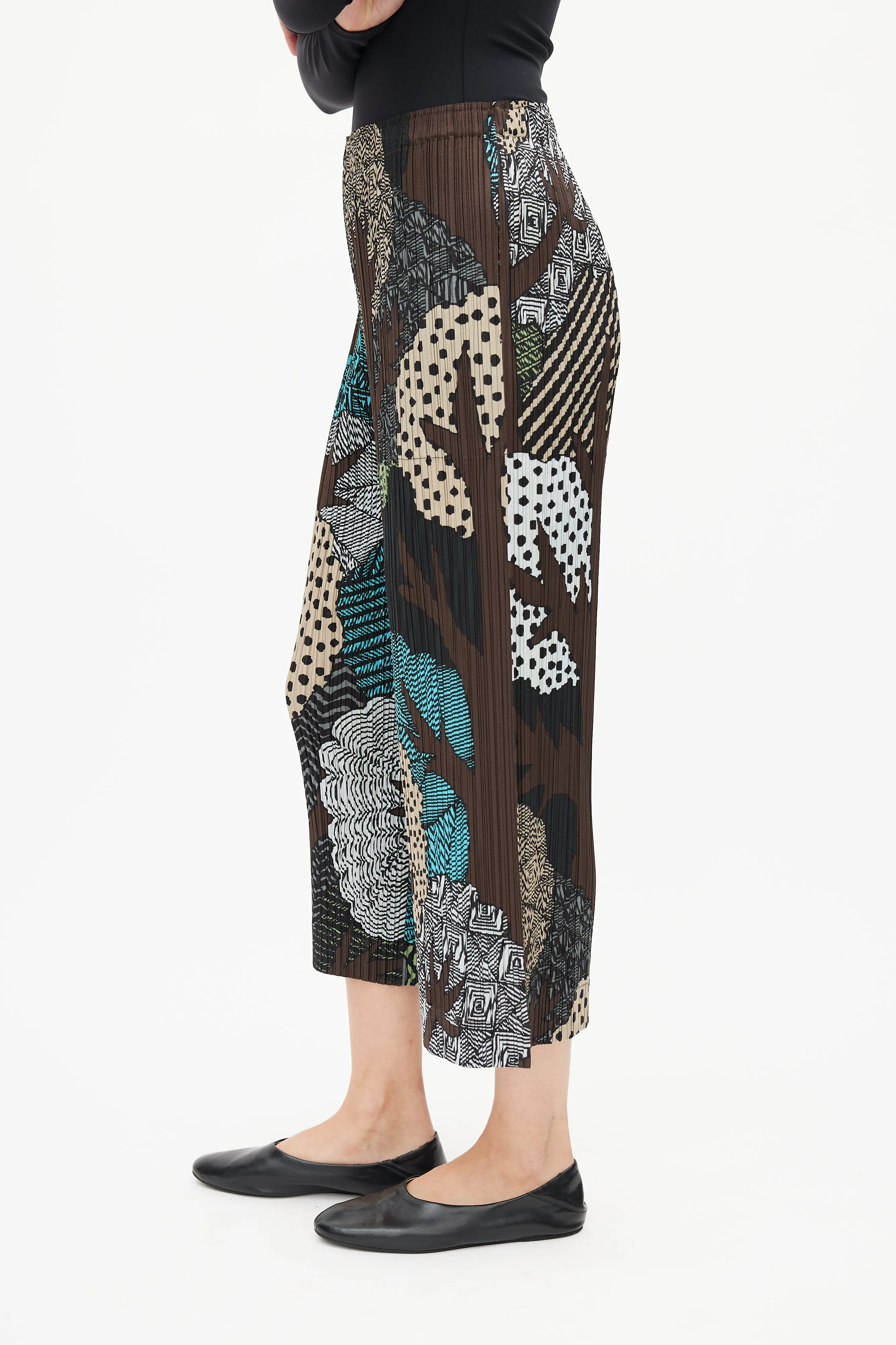 Brown & Multi Print Plisse Pant