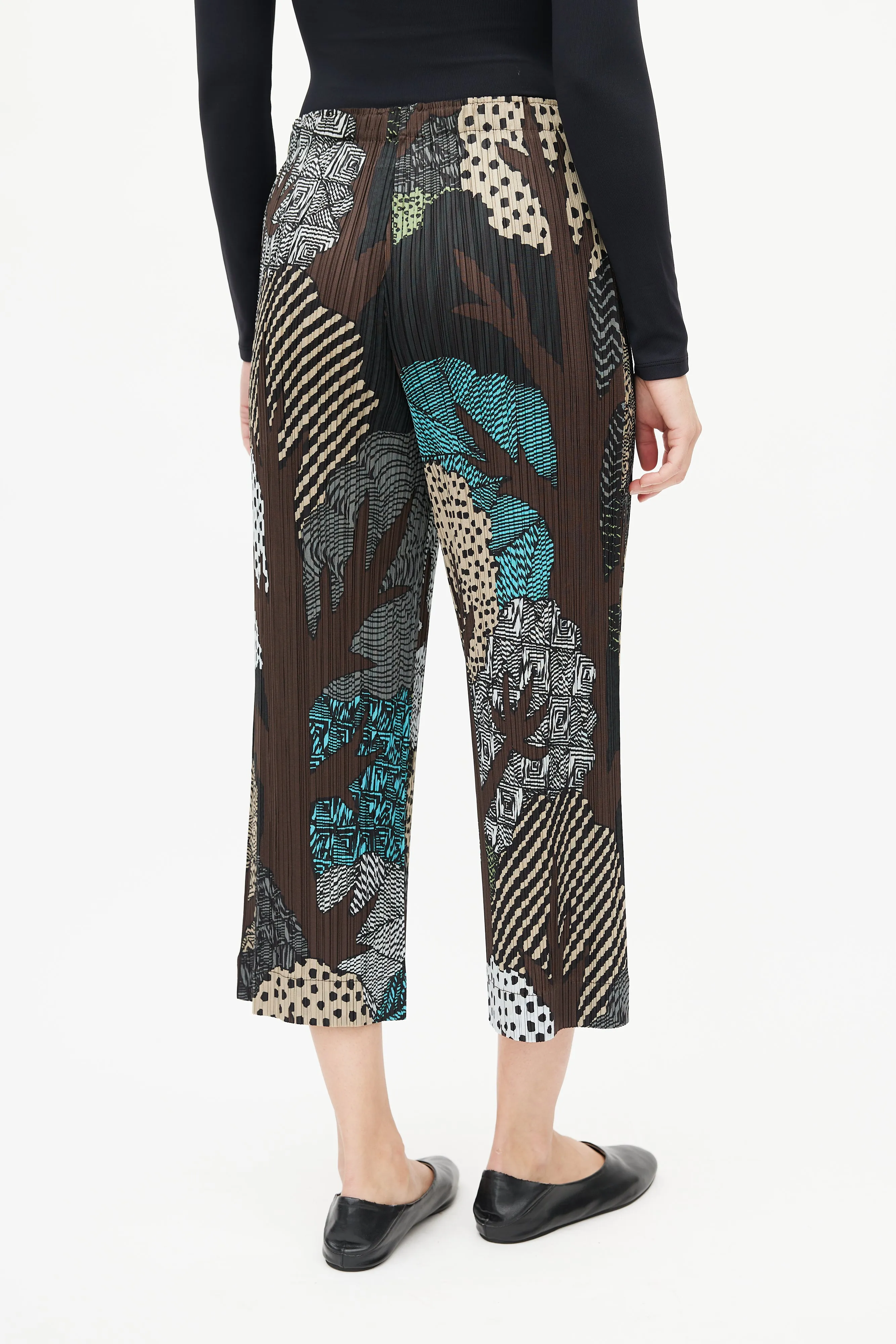 Brown & Multi Print Plisse Pant