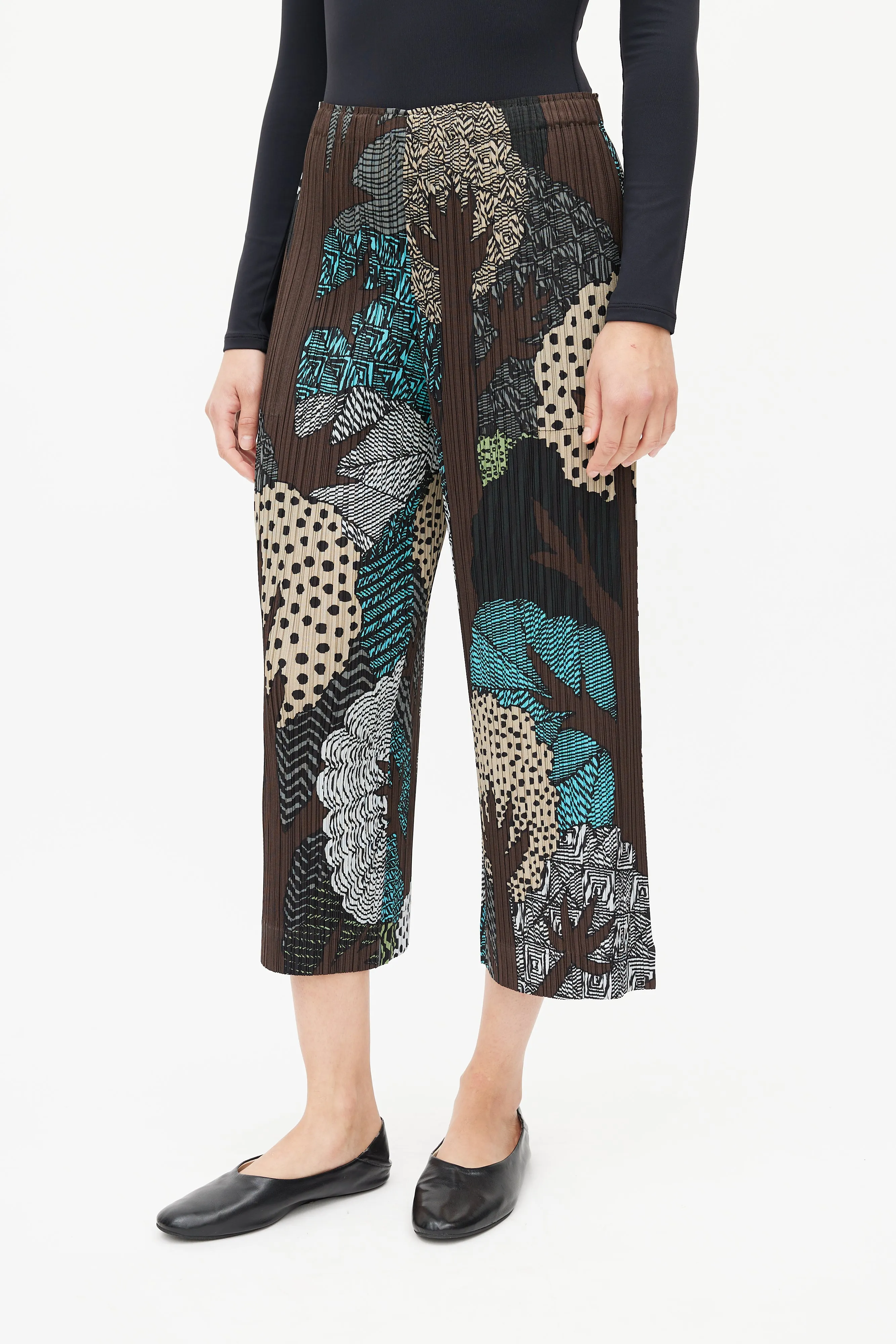 Brown & Multi Print Plisse Pant
