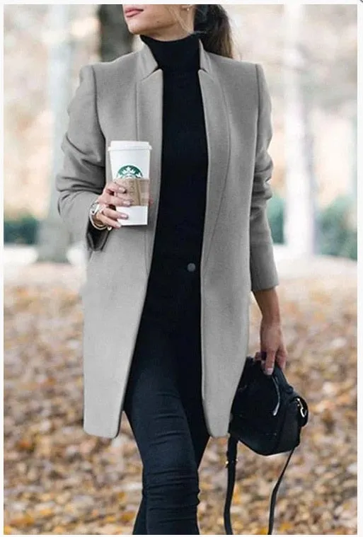 Casual Fashion All Match Women's Coats And Jackets 2020 Autumn And Winter New Solid Color Stand Up Collar Ladies Woolen Coat
