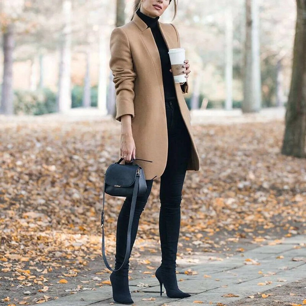 Casual Fashion All Match Women's Coats And Jackets 2020 Autumn And Winter New Solid Color Stand Up Collar Ladies Woolen Coat
