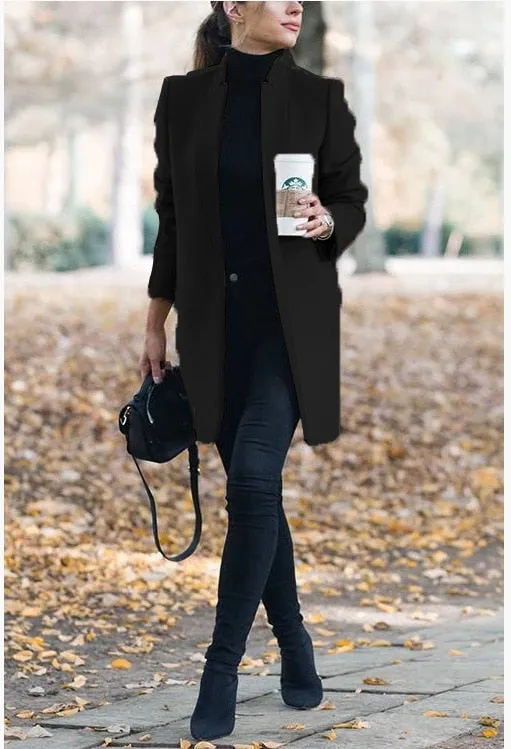 Casual Fashion All Match Women's Coats And Jackets 2020 Autumn And Winter New Solid Color Stand Up Collar Ladies Woolen Coat