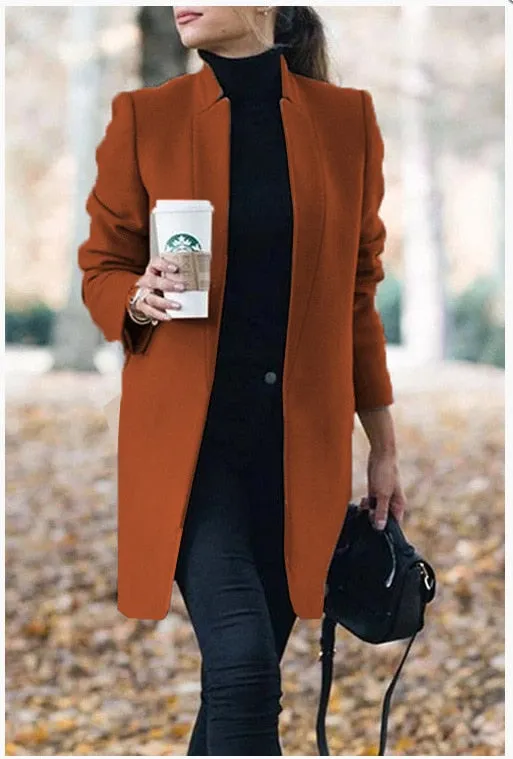 Casual Fashion All Match Women's Coats And Jackets 2020 Autumn And Winter New Solid Color Stand Up Collar Ladies Woolen Coat