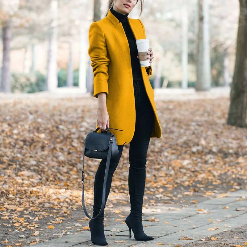 Casual Fashion All Match Women's Coats And Jackets 2020 Autumn And Winter New Solid Color Stand Up Collar Ladies Woolen Coat