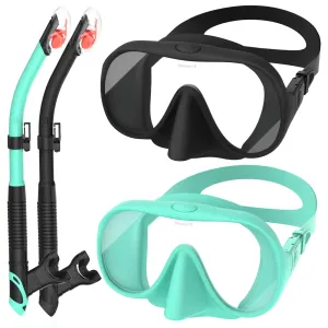 Fawater Dry Snorkel Set Full Silicone Seal Scuba Diving Swim Mask180° Clear View Snorkel Mask with Anti-Fog Coating Tempered GlassSnorkeling Gear for Adults & Youth. (2 Pack Black Green Adults)