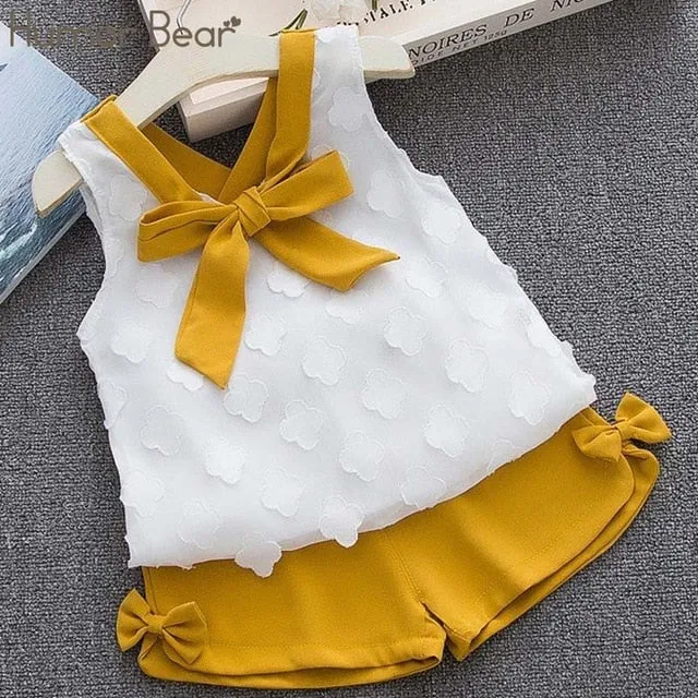 Humor Bear Baby Girls Clothes Sets 2020 Summer Dot flying sleeve top strap dress Headband 3-piece kids Children's Clothing Suit