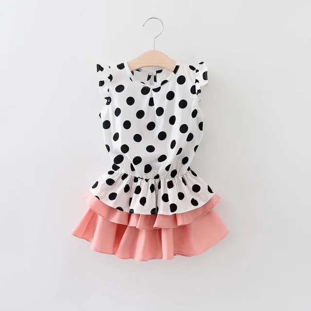 Humor Bear Baby Girls Clothes Sets 2020 Summer Dot flying sleeve top strap dress Headband 3-piece kids Children's Clothing Suit
