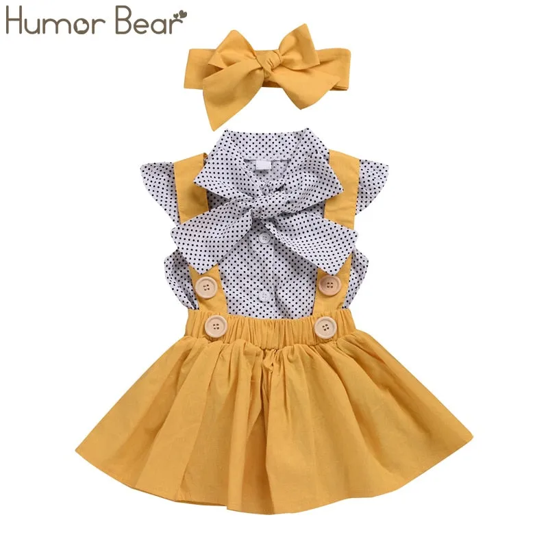 Humor Bear Baby Girls Clothes Sets 2020 Summer Dot flying sleeve top strap dress Headband 3-piece kids Children's Clothing Suit