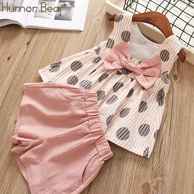 Humor Bear Baby Girls Clothes Sets 2020 Summer Dot flying sleeve top strap dress Headband 3-piece kids Children's Clothing Suit