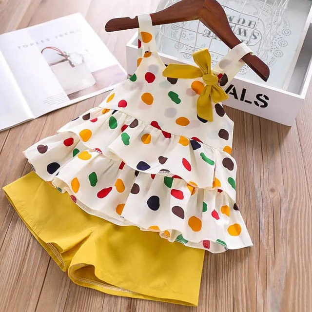 Humor Bear Baby Girls Clothes Sets 2020 Summer Dot flying sleeve top strap dress Headband 3-piece kids Children's Clothing Suit