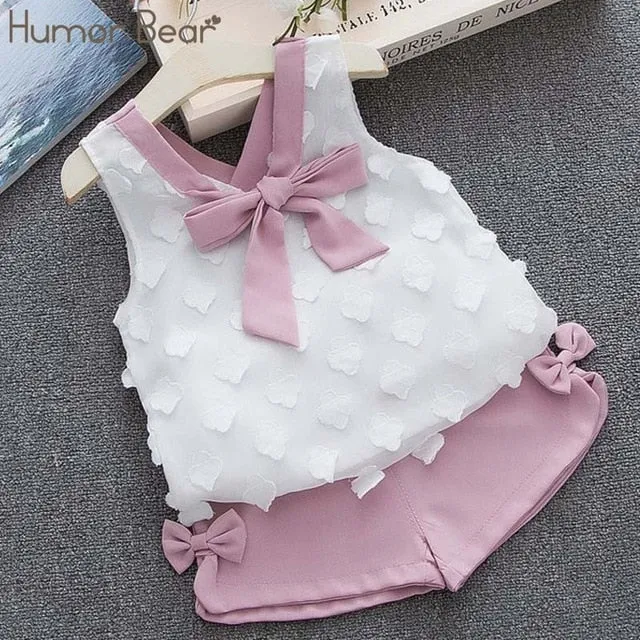 Humor Bear Baby Girls Clothes Sets 2020 Summer Dot flying sleeve top strap dress Headband 3-piece kids Children's Clothing Suit
