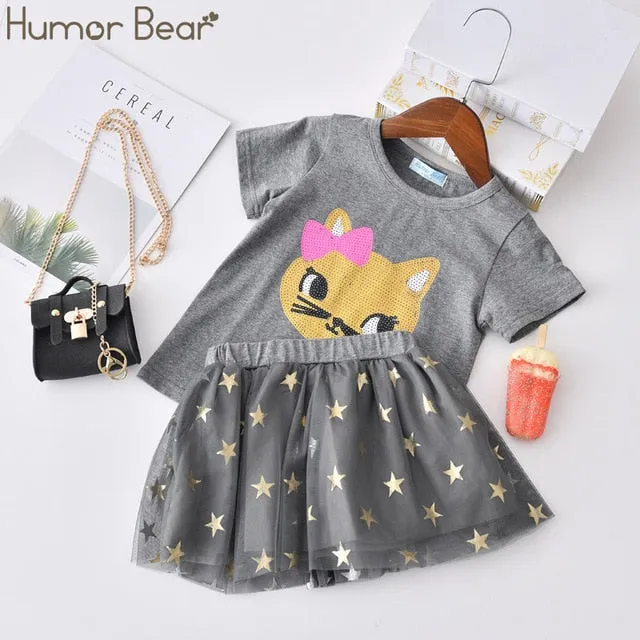 Humor Bear Baby Girls Clothes Sets 2020 Summer Dot flying sleeve top strap dress Headband 3-piece kids Children's Clothing Suit