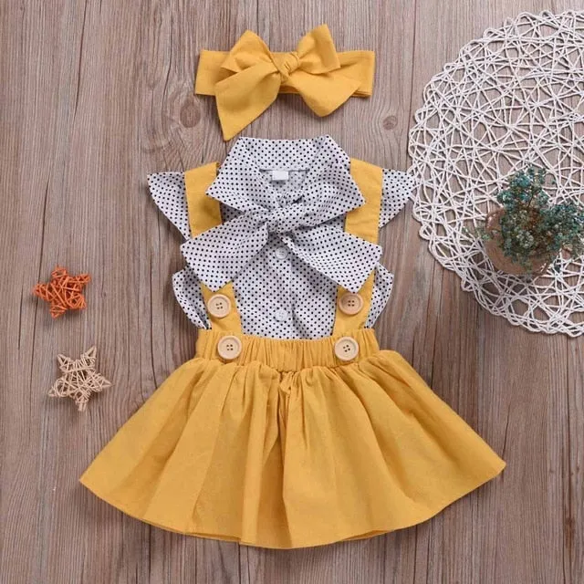 Humor Bear Baby Girls Clothes Sets 2020 Summer Dot flying sleeve top strap dress Headband 3-piece kids Children's Clothing Suit