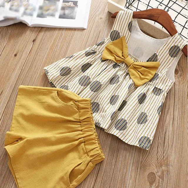 Humor Bear Baby Girls Clothes Sets 2020 Summer Dot flying sleeve top strap dress Headband 3-piece kids Children's Clothing Suit