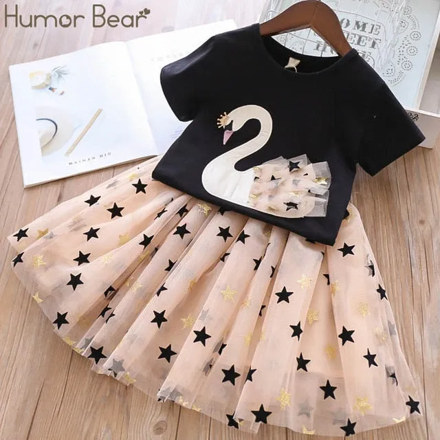 Humor Bear Baby Girls Clothes Sets 2020 Summer Dot flying sleeve top strap dress Headband 3-piece kids Children's Clothing Suit