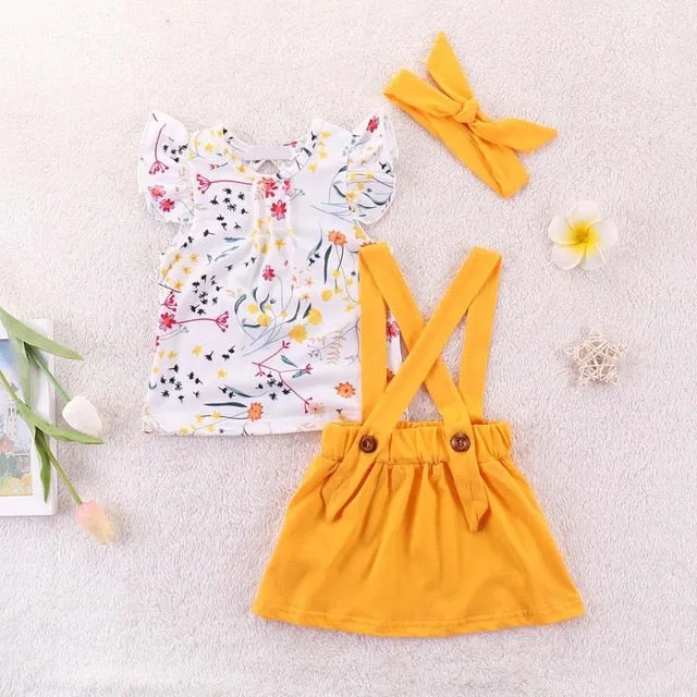 Humor Bear Baby Girls Clothes Sets 2020 Summer Dot flying sleeve top strap dress Headband 3-piece kids Children's Clothing Suit