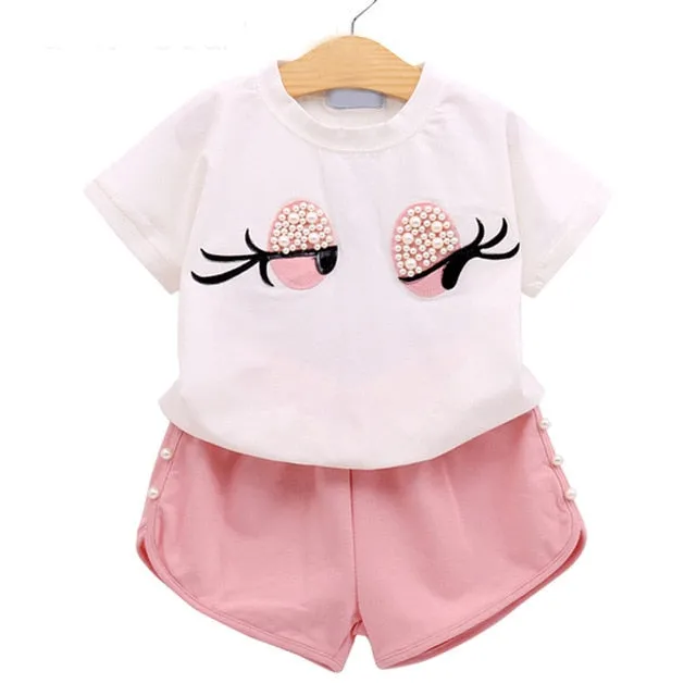 Humor Bear Girls Clothing Set Pearl Girls Clothes Set Lovely Long Eyelashes Toddler Girl tops   Pants Girls Suit Kids Clothes