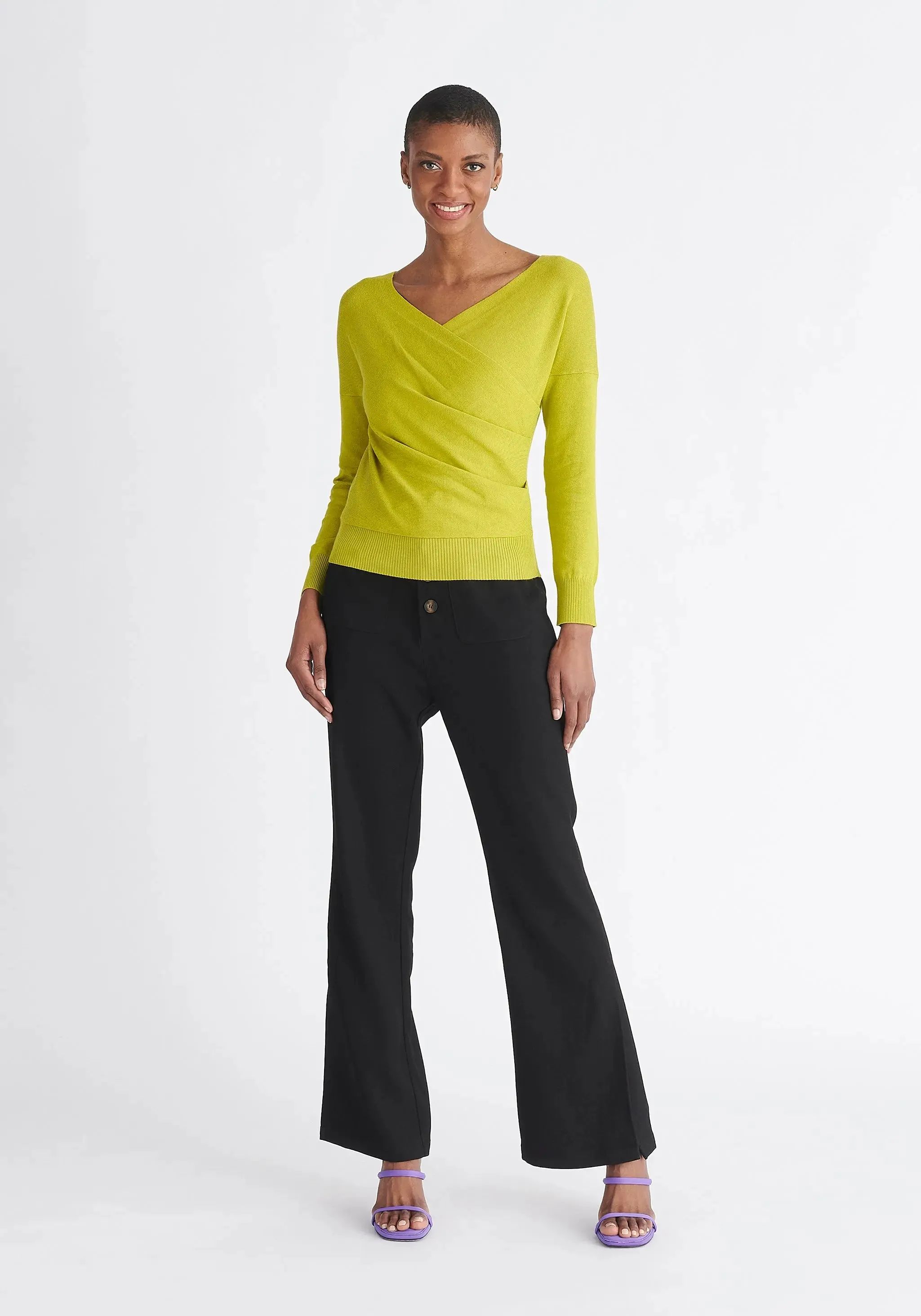 Lime Green Knitted Wrap Top With Long Sleeves