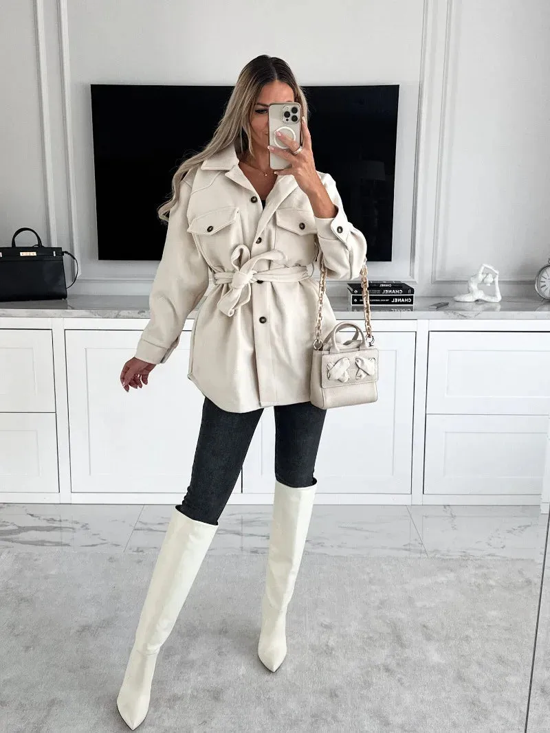 Long Sleeve Pocket Strap Waist Belt Lapel Coats