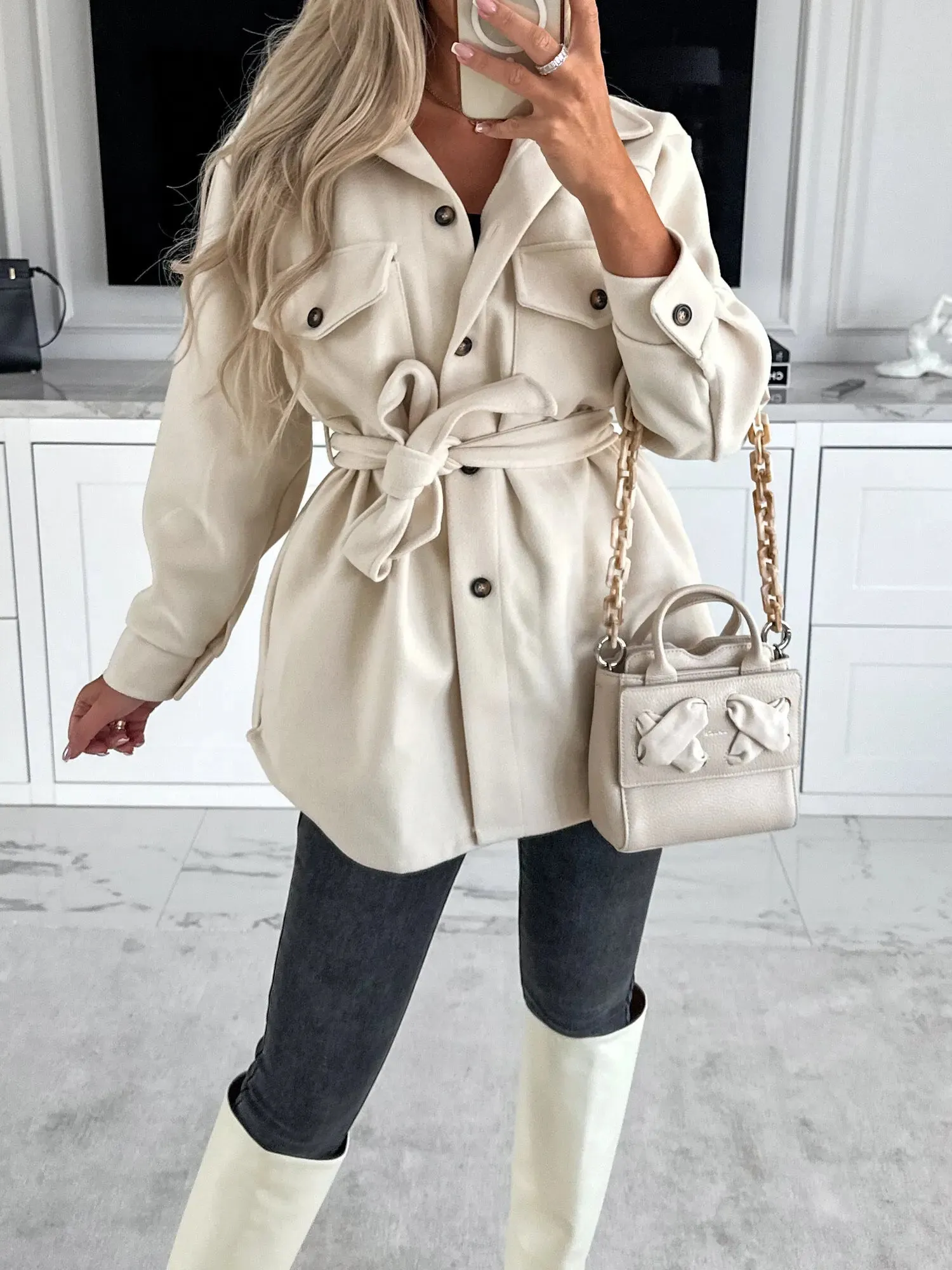 Long Sleeve Pocket Strap Waist Belt Lapel Coats