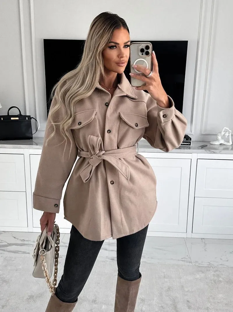 Long Sleeve Pocket Strap Waist Belt Lapel Coats