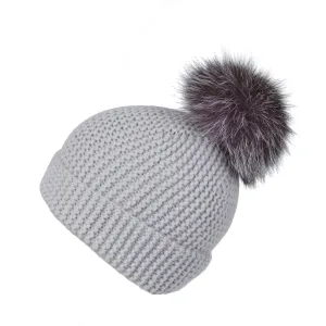 Pearl Stitched Light Grey Cashmere Hat with Dark Lilac Pom-Pom