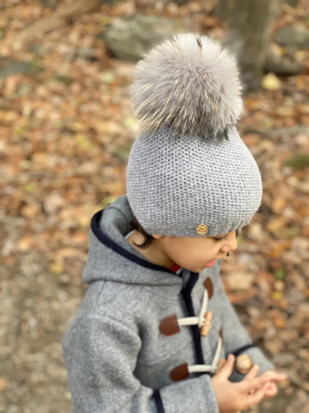 Petite Maison Kids Cashmere Grey Beanie Hat with grey pom